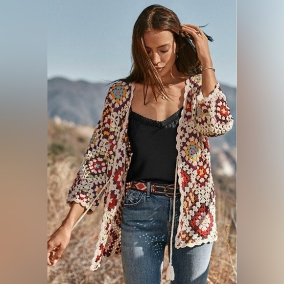 Johnny Was Granny Square Crochet Stevie Cardigan Sweater Size Medium - Picture 1 of 9